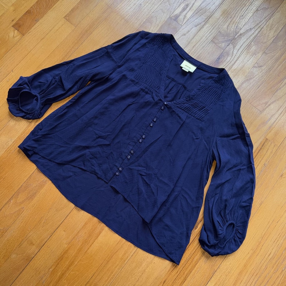 Maeve Anthropologie Blouse 8 Navy Blue V Neck Button Tunic Long Sleeve Top Boho - Picture 4 of 9